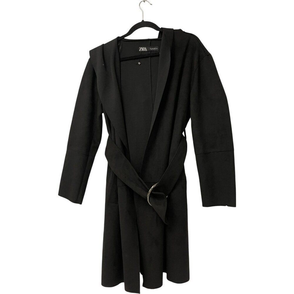 Zara Womens Jacket L Black Belted Long Sleeve Knee Length V Neck 8372/041 NWOT